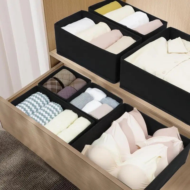 Organizator Pentru Sertar Si Dulap, Set 6 Piese Pliabile Si Stivuibile, Depozitare Lenjerie Si Tricouri, Tesatura Ecologica, 3 Marimi, Negru
