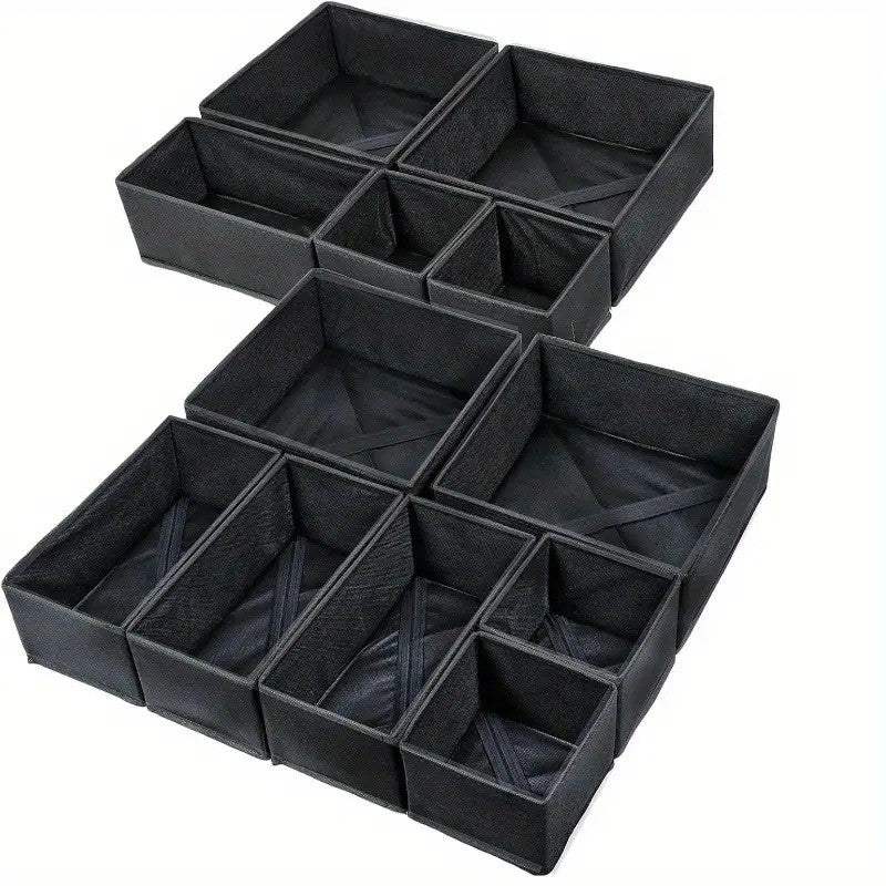 Organizator Pentru Sertar Si Dulap, Set 6 Piese Pliabile Si Stivuibile, Depozitare Lenjerie Si Tricouri, Tesatura Ecologica, 3 Marimi, Negru