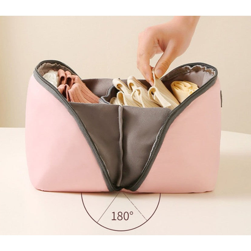Geanta Organizator Lenjerie 3 in 1 pentru Calatorii, Depozitare Sutiene si Sosete, Deschidere 180 Grade cu Maner, Poliester Respirabil, 23 x 13 x 13 cm, Roz