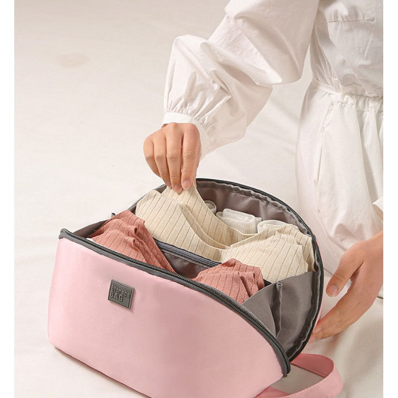 Geanta Organizator Lenjerie 3 in 1 pentru Calatorii, Depozitare Sutiene si Sosete, Deschidere 180 Grade cu Maner, Poliester Respirabil, 23 x 13 x 13 cm, Roz
