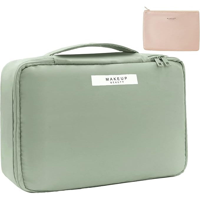 Geanta De Calatorie Pentru Cosmetice Si Articole De Toaleta, Design 2 In 1 Cu Portfard Detasabil Si Suport Pensule, Material Impermeabil PU, Inchidere Fermoar Bidirectional, 23 x 16 x 8 cm, Verde