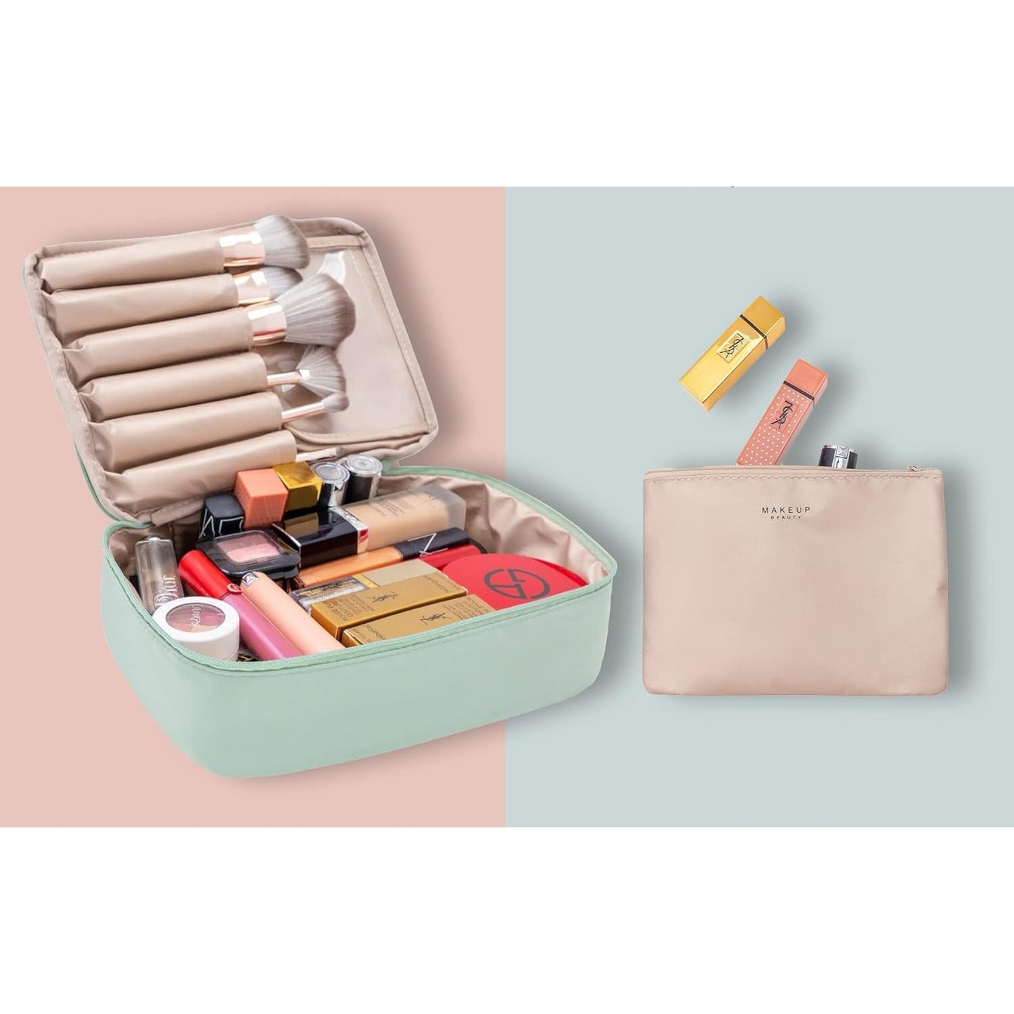 Geanta De Calatorie Pentru Cosmetice Si Articole De Toaleta, Design 2 In 1 Cu Portfard Detasabil Si Suport Pensule, Material Impermeabil PU, Inchidere Fermoar Bidirectional, 23 x 16 x 8 cm, Verde
