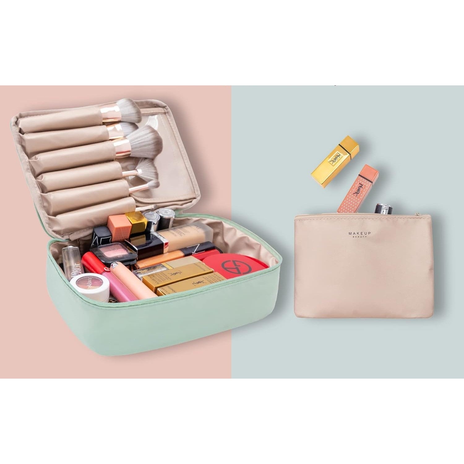 Geanta De Calatorie Pentru Cosmetice Si Articole De Toaleta, Design 2 In 1 Cu Portfard Detasabil Si Suport Pensule, Material Impermeabil PU, Inchidere Fermoar Bidirectional, 23 x 16 x 8 cm, Verde