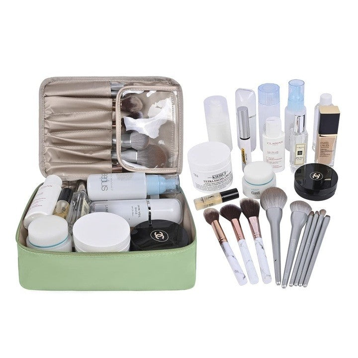 Geanta De Calatorie Pentru Cosmetice Si Articole De Toaleta, Design 2 In 1 Cu Portfard Detasabil Si Suport Pensule, Material Impermeabil PU, Inchidere Fermoar Bidirectional, 23 x 16 x 8 cm, Verde