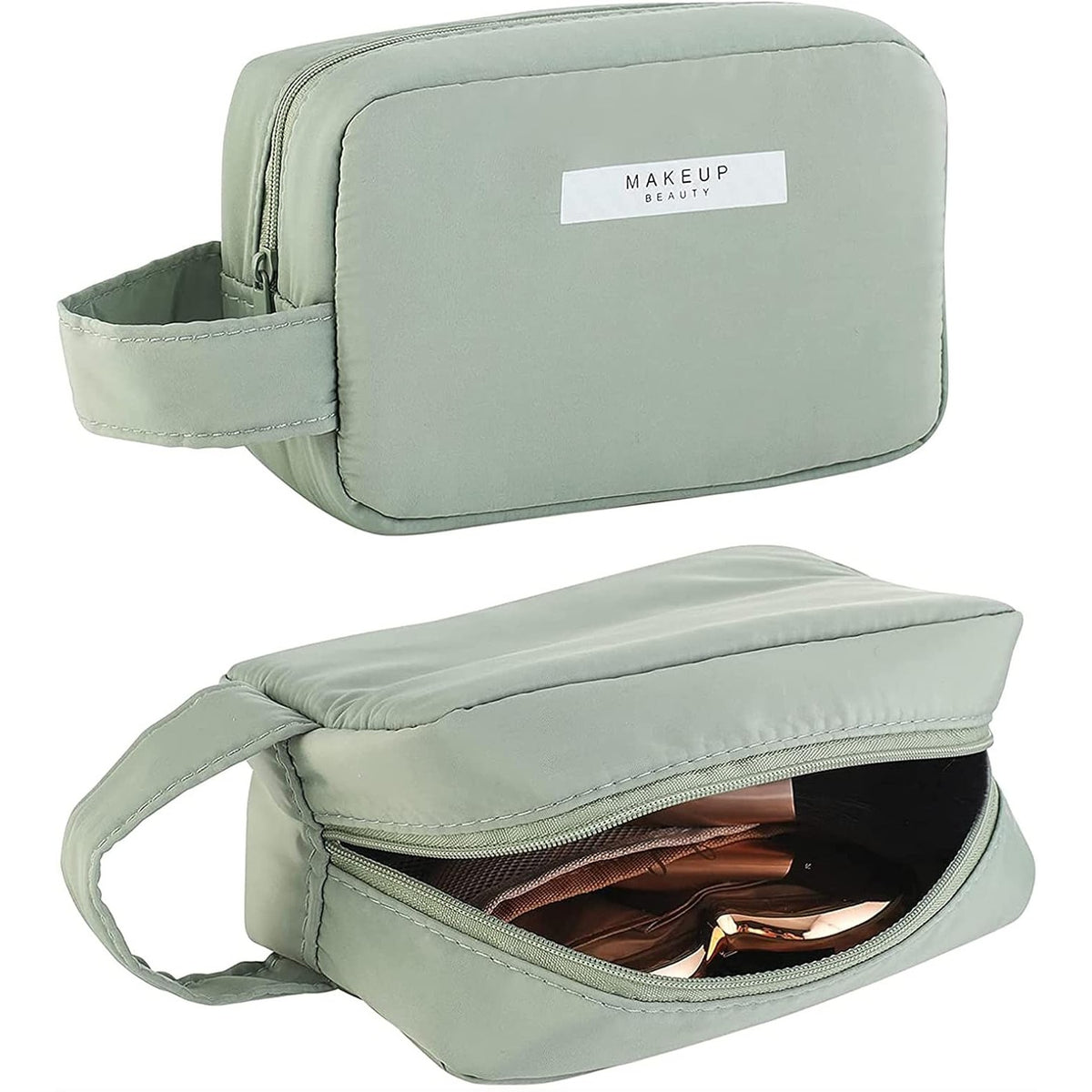 Portfard Cosmetice Impermeabil, Geanta Organizator Machiaj cu Maner si Fermoar Bidirectional, Material PU si Panza, 16 x 11 x 7 cm, Verde