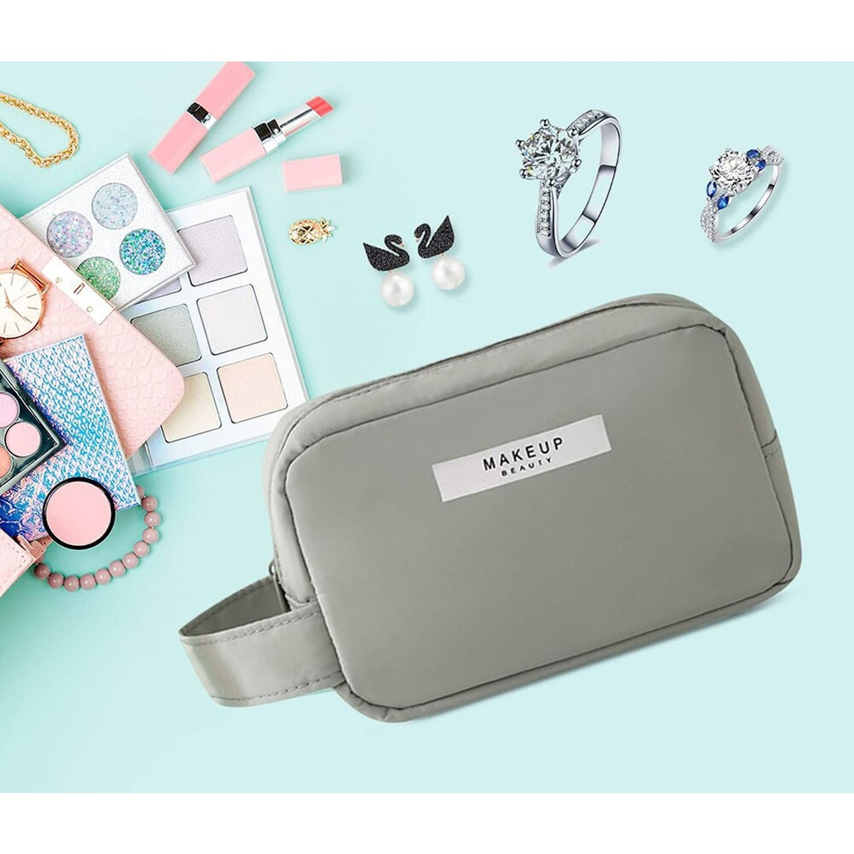 Portfard Cosmetice Impermeabil, Geanta Organizator Machiaj cu Maner si Fermoar Bidirectional, Material PU si Panza, 16 x 11 x 7 cm, Verde