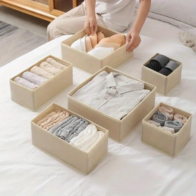 Organizator pentru Sertar, Set 6 Piese pentru Lenjerie, Tricouri si Sosete, Pliabil si Stivuibil, Material Textil Ecologic, 3 Marimi, Alb