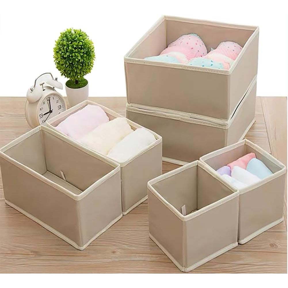 Organizator pentru Sertar, Set 6 Piese pentru Lenjerie, Tricouri si Sosete, Pliabil si Stivuibil, Material Textil Ecologic, 3 Marimi, Alb