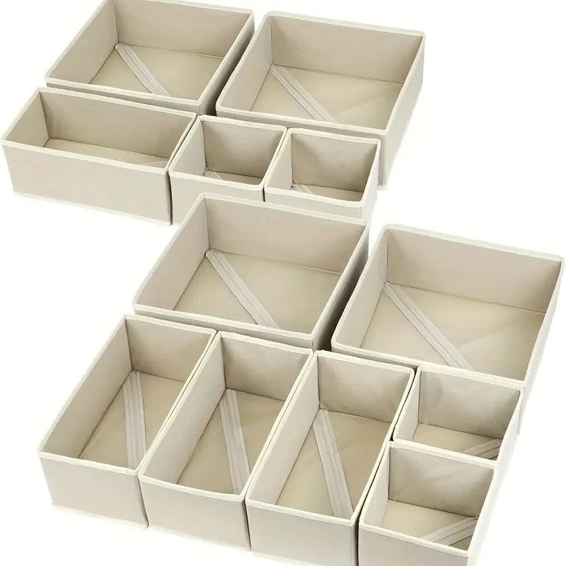 Organizator pentru Sertar, Set 6 Piese pentru Lenjerie, Tricouri si Sosete, Pliabil si Stivuibil, Material Textil Ecologic, 3 Marimi, Alb