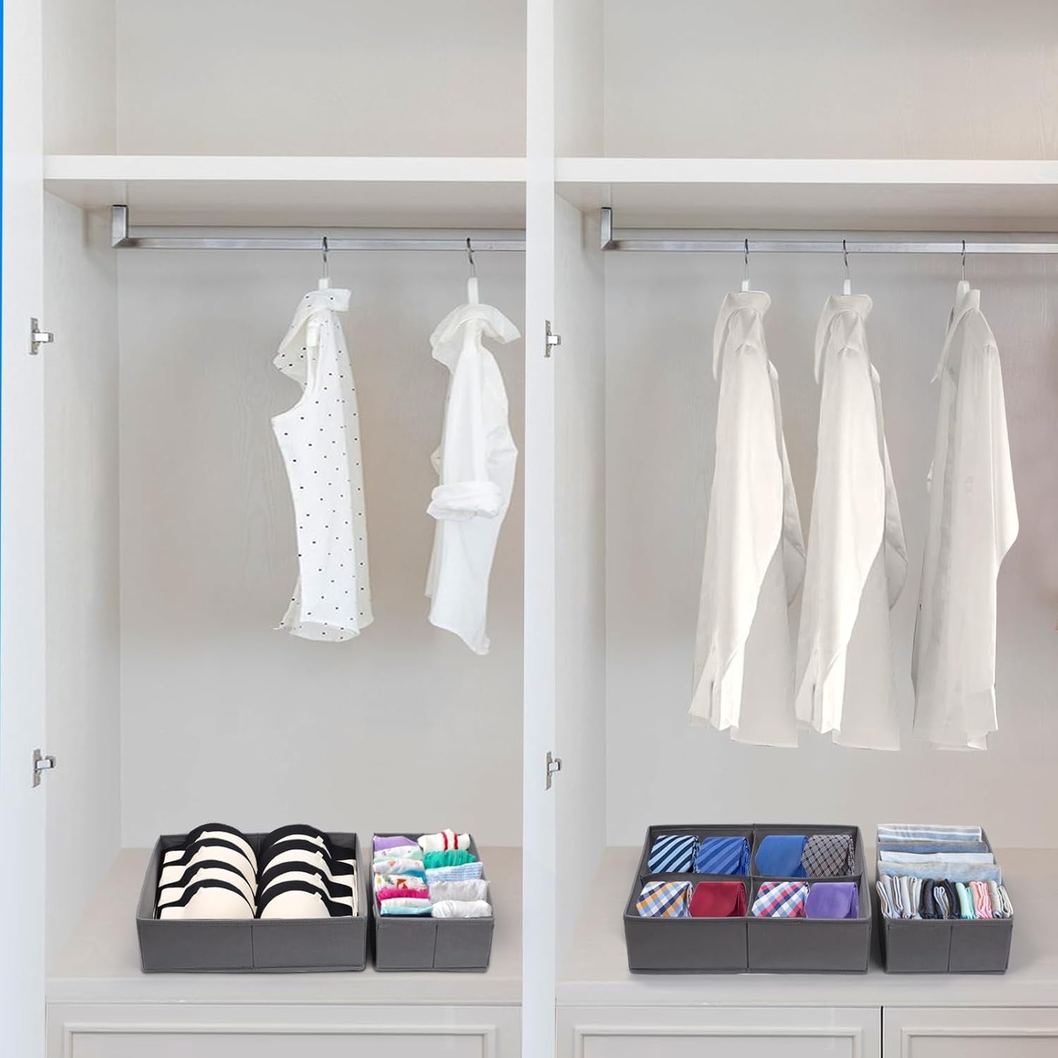Set Organizatoare Sertar Pentru Lenjerie Si Tricouri, Design Pliabil Si Stivuibil, Tesatura Ecologica Respirabila, 3 Marimi, 6 Piese, Gri