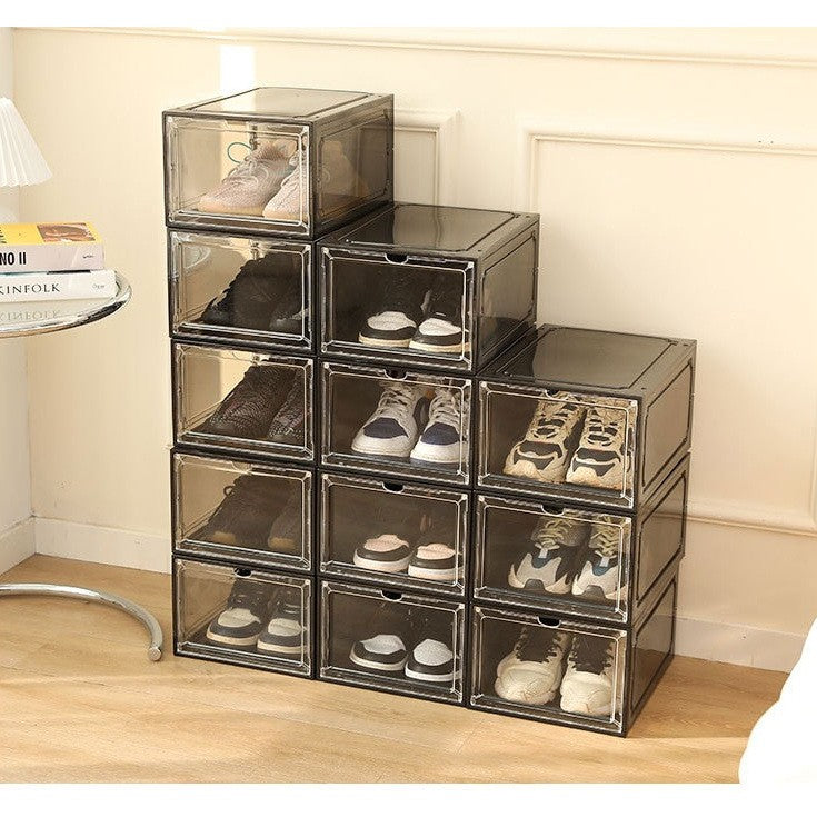 Organizator Pantofi, Cutie Depozitare Stivuibila cu Usa Magnetica Frontala, Protectie Anti-Praf si Anti-Oxidare, Plastic PP si ABS, 36 x 28 x 21 cm, Gri Transparent