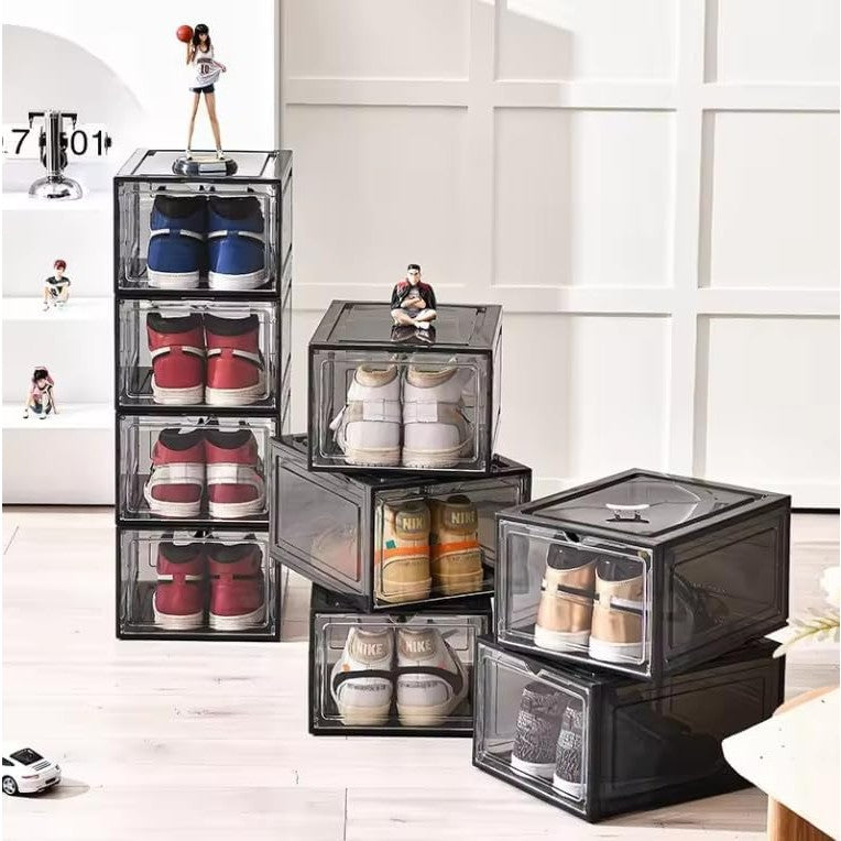 Organizator Pantofi, Cutie Depozitare Stivuibila cu Usa Magnetica Frontala, Protectie Anti-Praf si Anti-Oxidare, Plastic PP si ABS, 36 x 28 x 21 cm, Gri Transparent