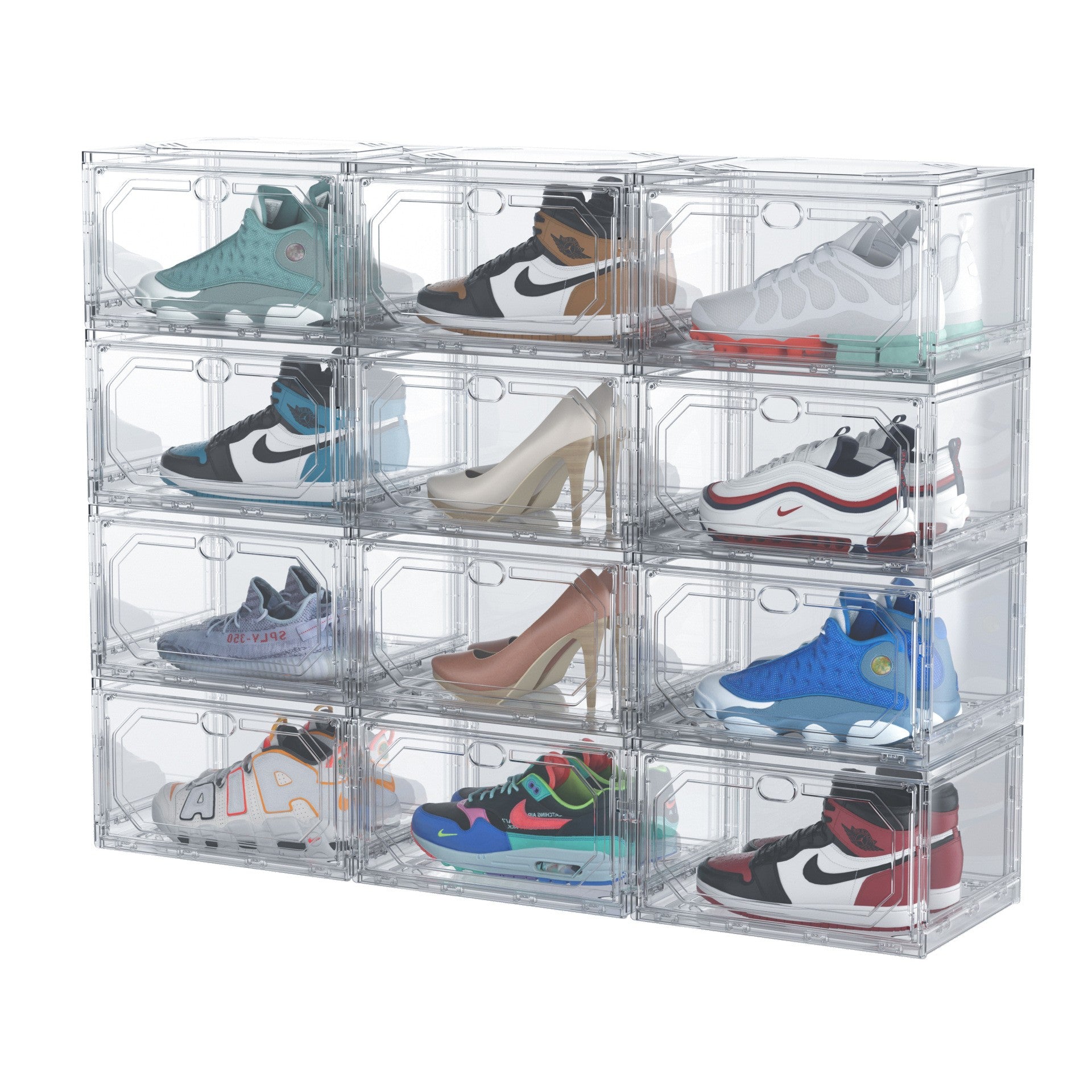 Organizator Pantofi, Cutie Depozitare Stivuibila si Pliabila, Usa Laterala Magnetica, Protectie Praf si Anti-Oxidare, Material PP si ABS, 36 x 28 x 21 cm, Transparent
