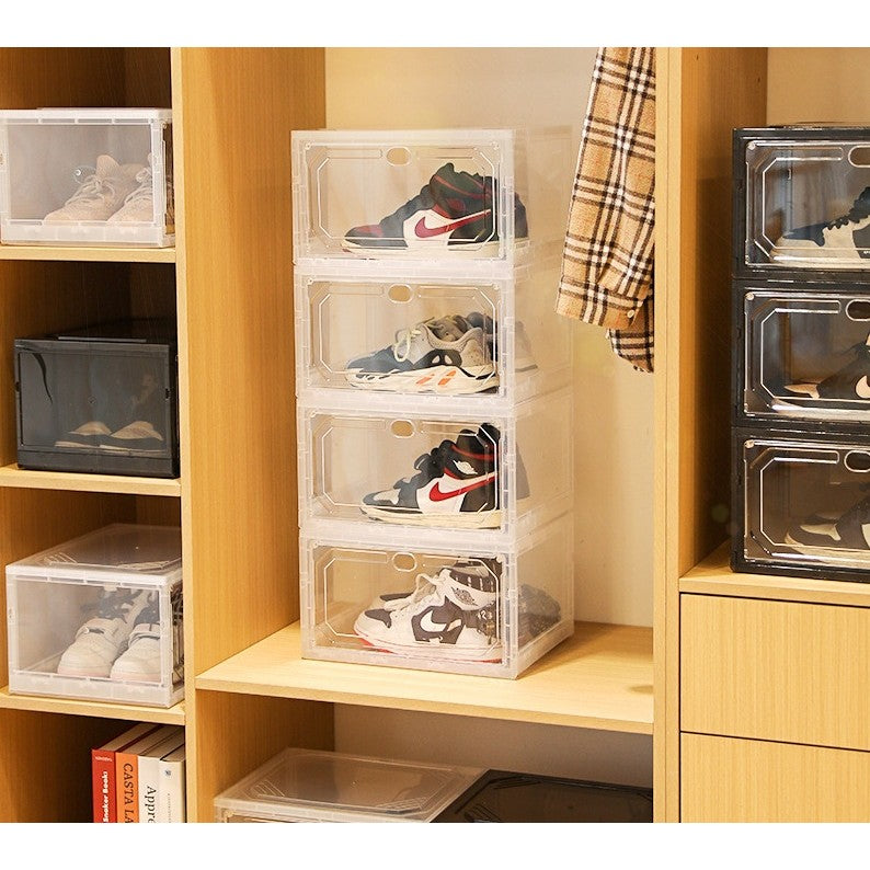 Organizator Pantofi, Cutie Depozitare Stivuibila si Pliabila, Usa Laterala Magnetica, Protectie Praf si Oxidare, Material PP si ABS, 36 x 28 x 21 cm, Gri Transparent