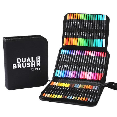 Set Carioci cu Doua Capete pentru Pictura si Caligrafie, Varf Pensula si Varf Subtire, Cerneala pe Baza de Apa, 72 Culori, Penar cu Fermoar inclus, Multicolor