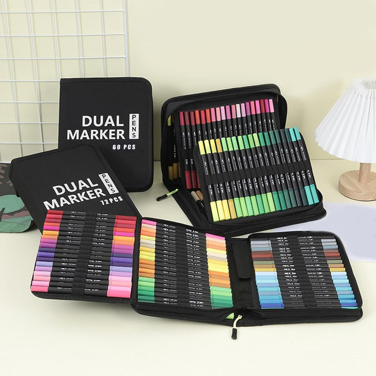 Set Carioci cu Doua Capete pentru Pictura si Caligrafie, Varf Pensula si Varf Subtire, Cerneala pe Baza de Apa, 72 Culori, Penar cu Fermoar inclus, Multicolor