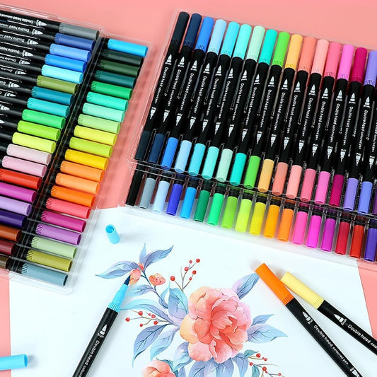 Set Carioci pe Baza de Apa cu Doua Capete, Marker Tip Pensula si Varf Subtire 0.5 mm, pentru Pictura si Caligrafie, Cerneala Non-Toxica, 100 Culori, Penar Inclus, Multicolor