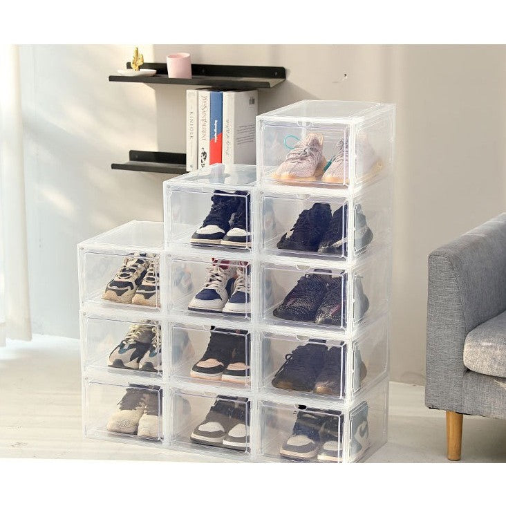 Organizator Pantofi Tip Cutie Depozitare, Usa Frontala Magnetica, Pliabil si Stivuibil, Material PP si ABS, 36 x 28 x 21 cm, Transparent