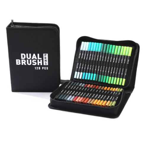 Set Carioci pe Baza de Apa, Markere cu Doua Capete Tip Pensula si Varf Subtire, pentru Pictura si Caligrafie, Cerneala Non-Toxica, Penar Inclus, 120 Culori, Multicolor