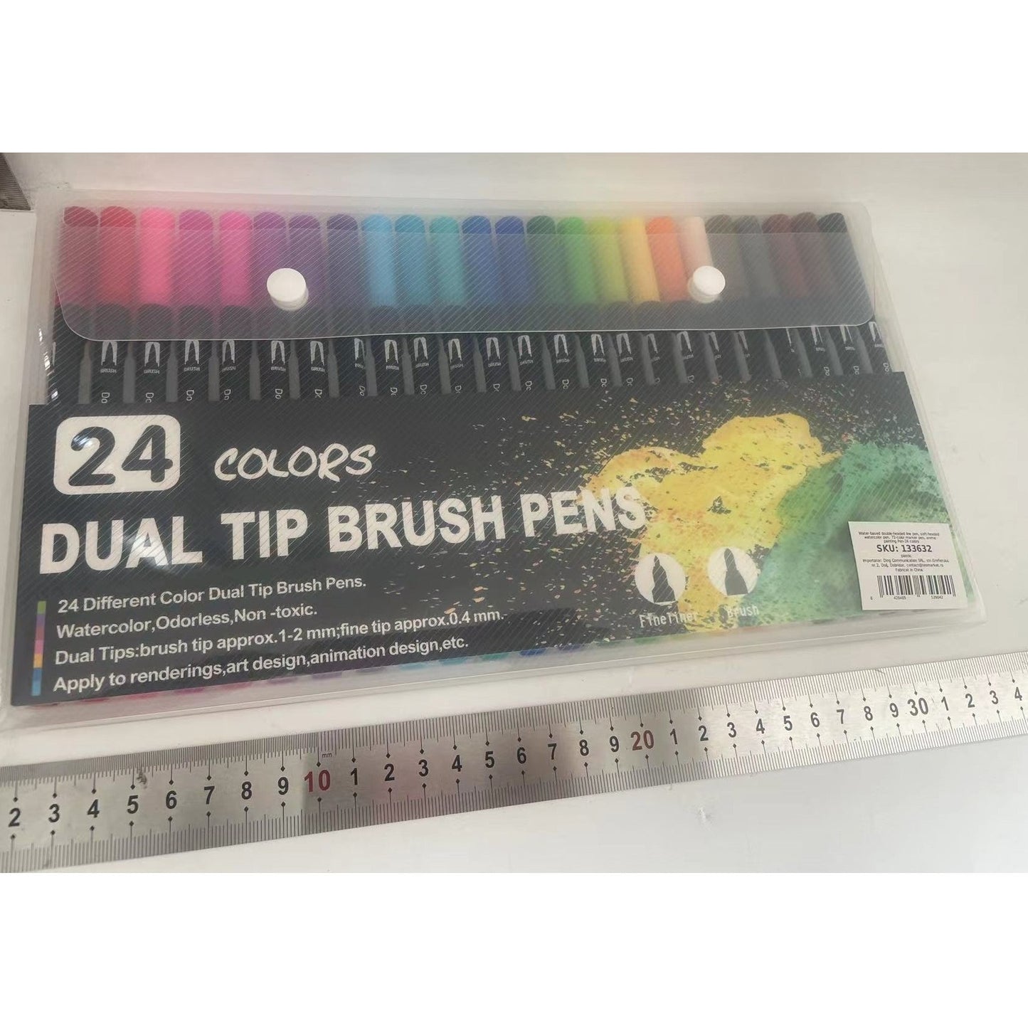 Set 24 Carioci cu Dublu Varf, Pensula 1-2 mm si Liner 0.4 mm, Cerneala pe Baza de Apa, Corp Plastic Negru, Multicolor