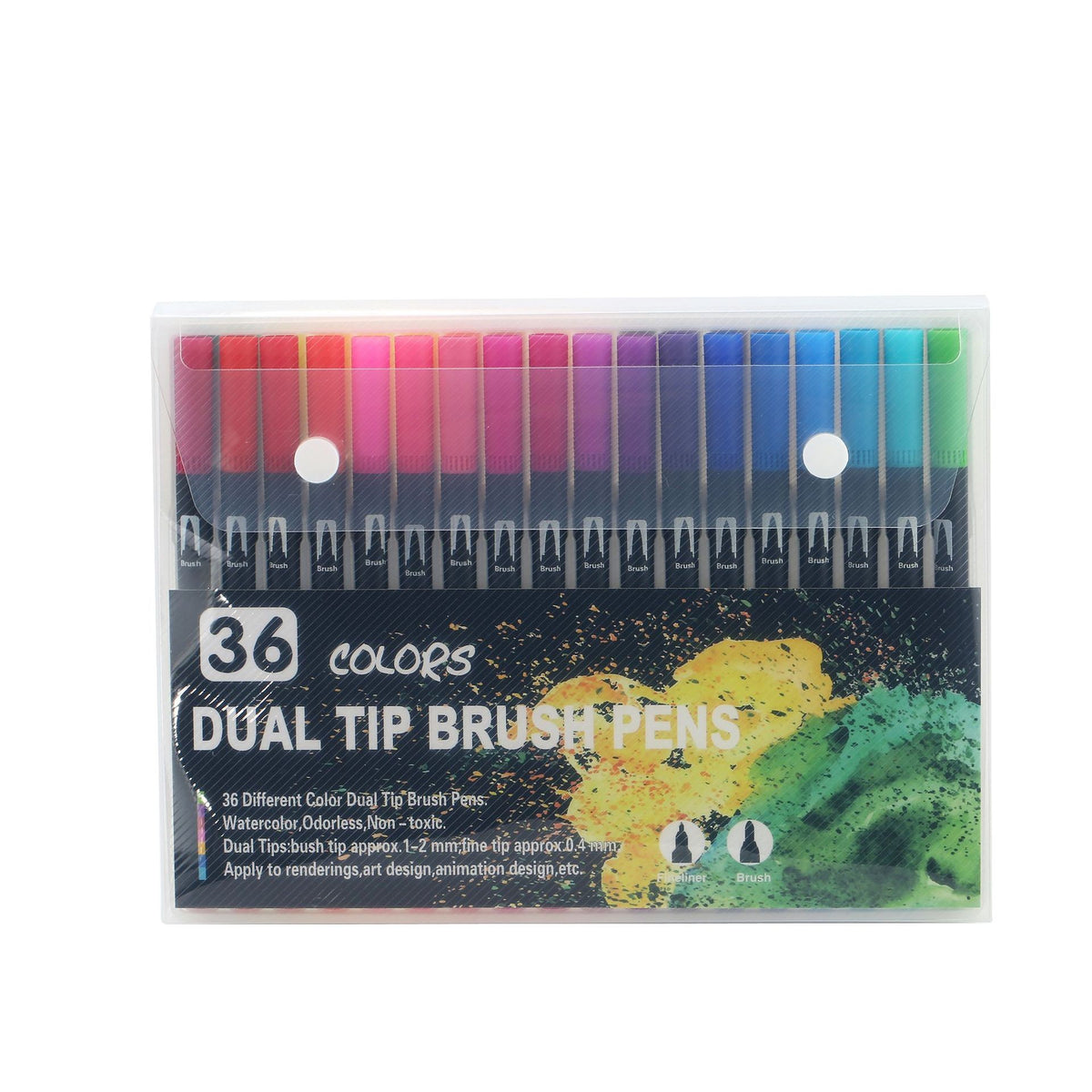 Set Carioci cu Dublu Varf, Pensula 1-2 mm si Liner 0.4 mm, Cerneala pe Baza de Apa, Corp Plastic, Set 36 Bucati, Multicolor