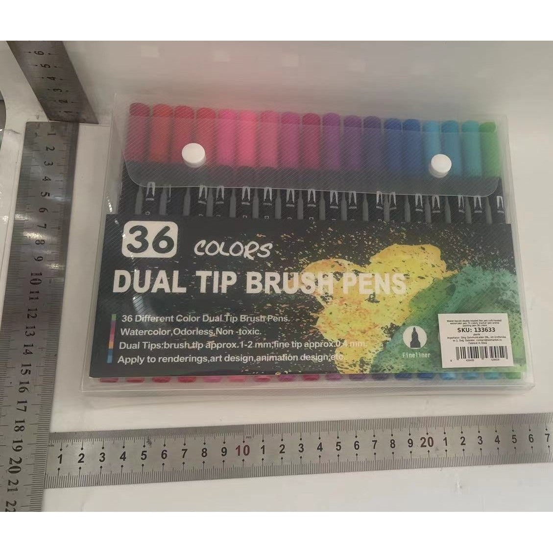 Set Carioci cu Dublu Varf, Pensula 1-2 mm si Liner 0.4 mm, Cerneala pe Baza de Apa, Corp Plastic, Set 36 Bucati, Multicolor
