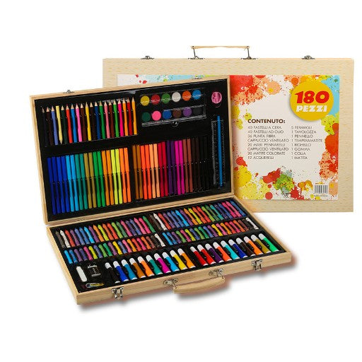 Set Desen și Pictură, Kit Creativ Complet cu 180 Piese, Carioci, Creioane Colorate și Acuarele, Servietă din Lemn Natur, 46 x 30.9 x 4.1 cm, Multicolor