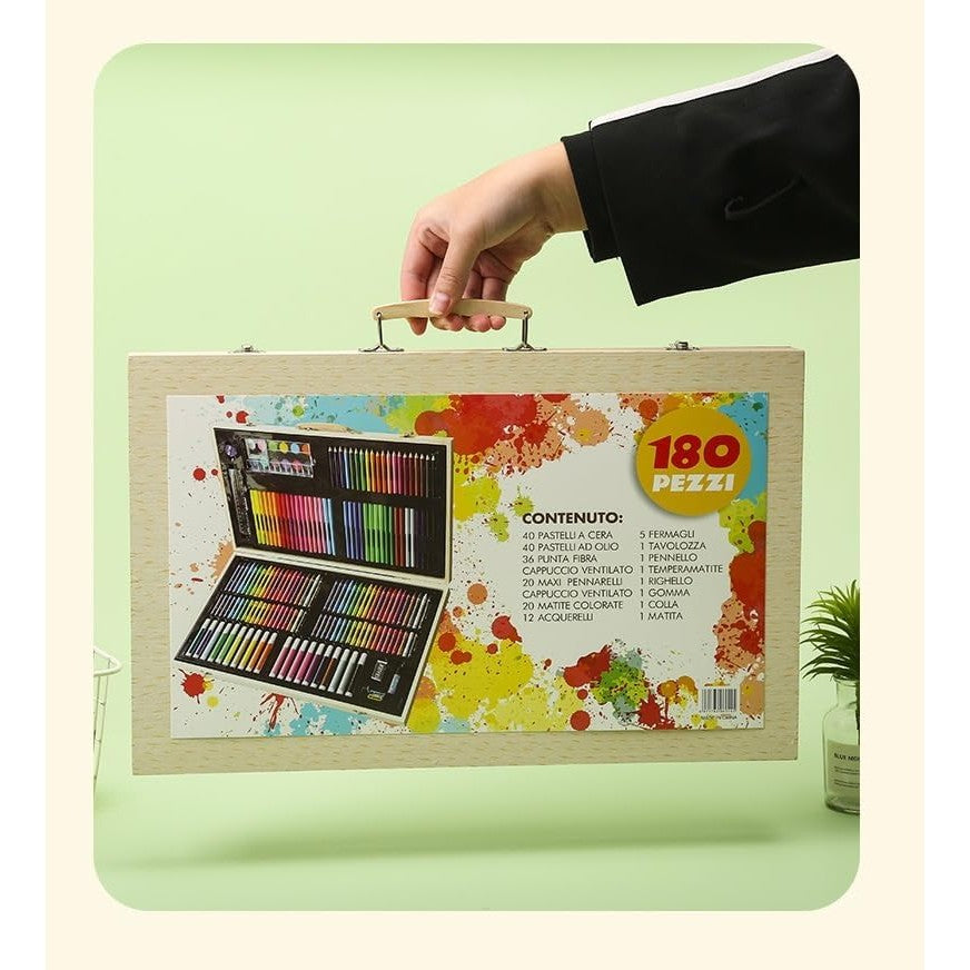 Set Desen și Pictură, Kit Creativ Complet cu 180 Piese, Carioci, Creioane Colorate și Acuarele, Servietă din Lemn Natur, 46 x 30.9 x 4.1 cm, Multicolor