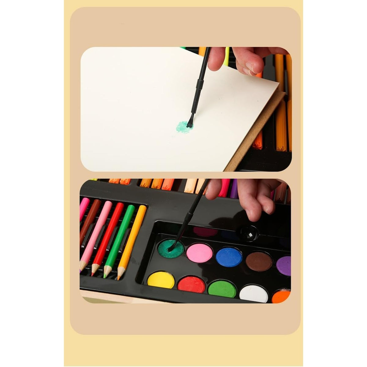 Set Desen și Pictură, Kit Creativ Complet cu 180 Piese, Carioci, Creioane Colorate și Acuarele, Servietă din Lemn Natur, 46 x 30.9 x 4.1 cm, Multicolor