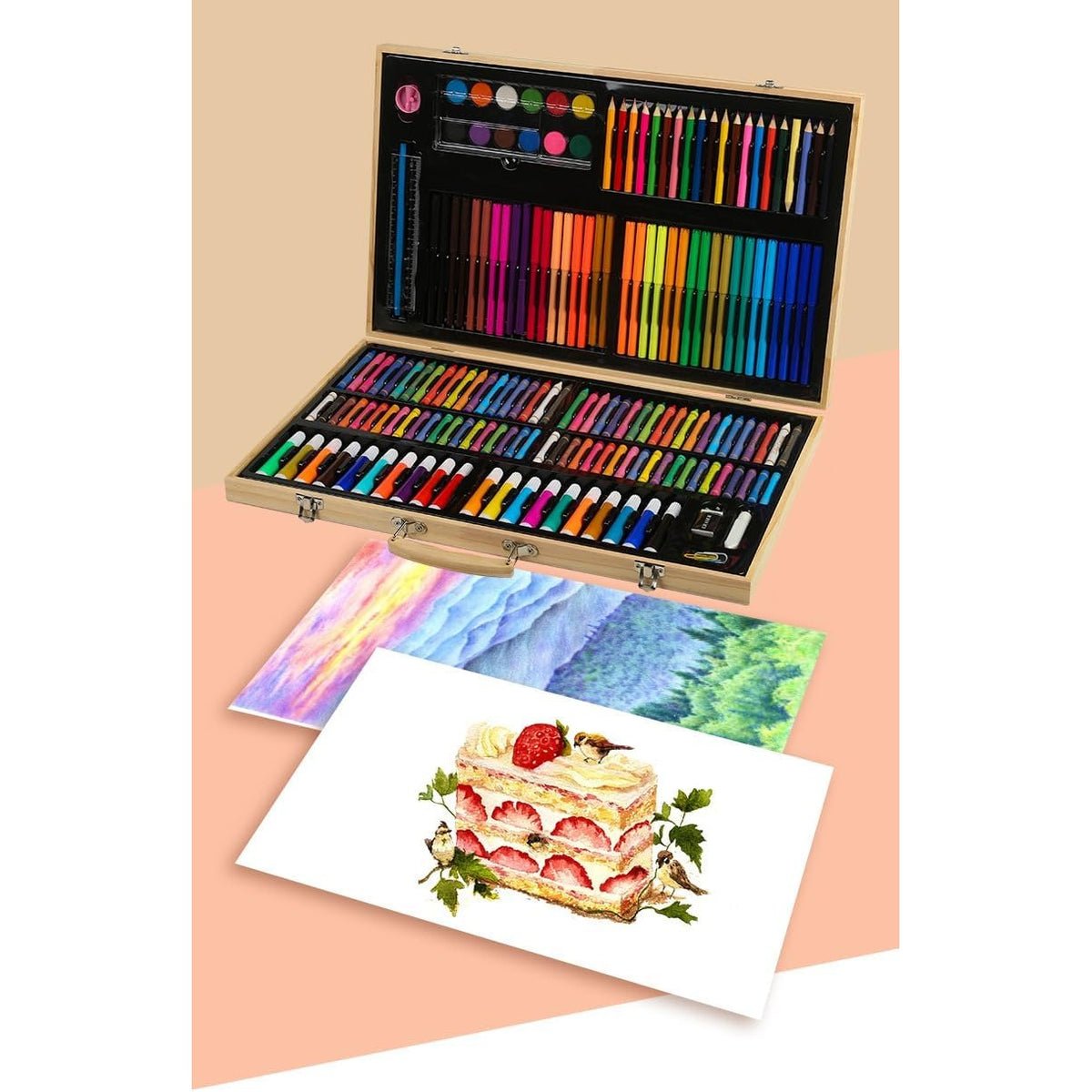 Set Desen și Pictură, Kit Creativ Complet cu 180 Piese, Carioci, Creioane Colorate și Acuarele, Servietă din Lemn Natur, 46 x 30.9 x 4.1 cm, Multicolor