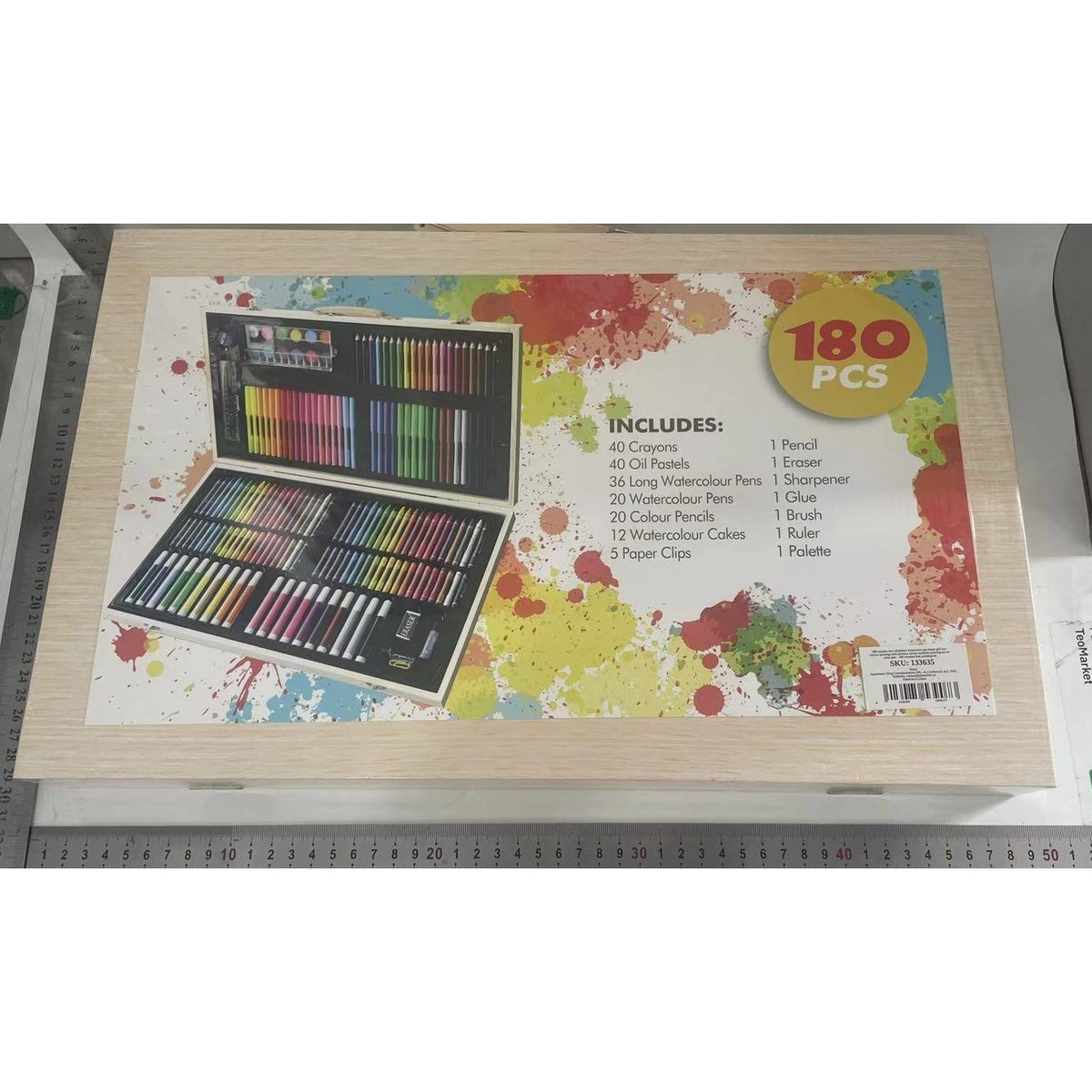 Set Desen și Pictură, Kit Creativ Complet cu 180 Piese, Carioci, Creioane Colorate și Acuarele, Servietă din Lemn Natur, 46 x 30.9 x 4.1 cm, Multicolor