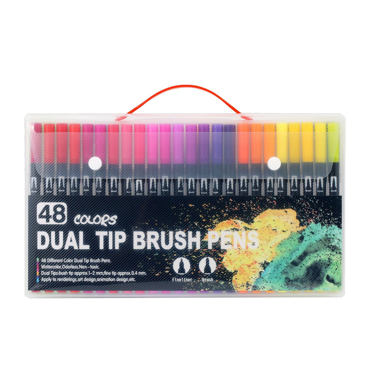 Set 48 Carioci Profesionale, Dublu Varf Pensula 1-2 mm si Liner 0.4 mm, Cerneala pe Baza de Apa, Corp Plastic Negru, Multicolor