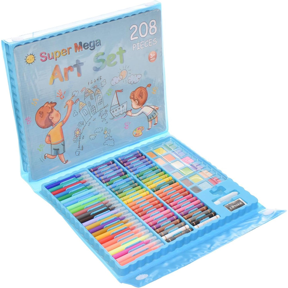 Set Complet Pictura si Desen pentru Copii, Servieta Organizatoare cu Maner, Carioci, Creioane si Acuarele, 208 Piese, 3-12 Ani, 40.5 x 30 cm, Albastru