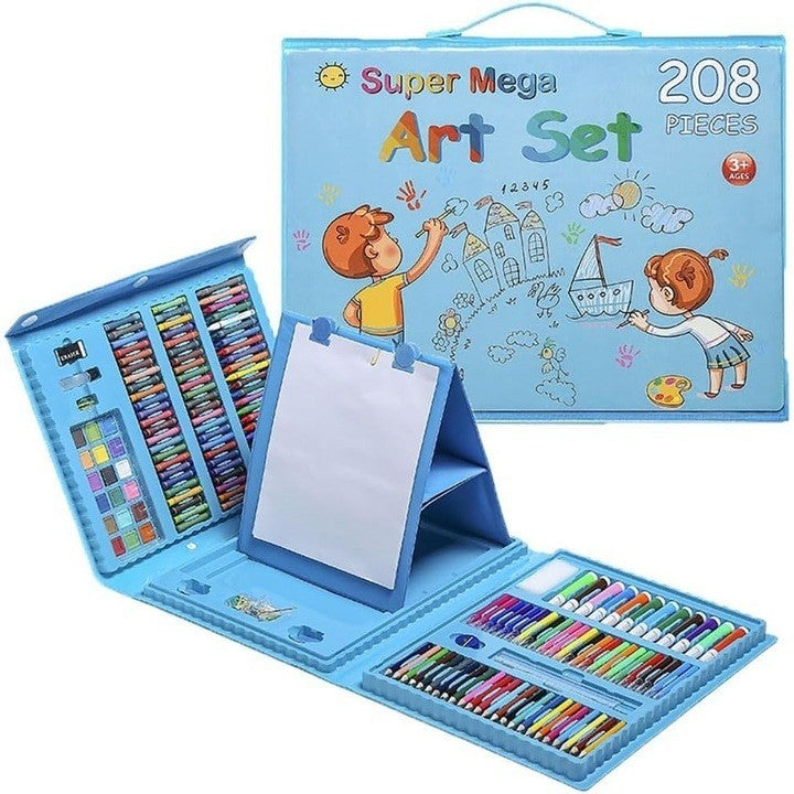 Set Complet Pictura si Desen pentru Copii, Servieta Organizatoare cu Maner, Carioci, Creioane si Acuarele, 208 Piese, 3-12 Ani, 40.5 x 30 cm, Albastru