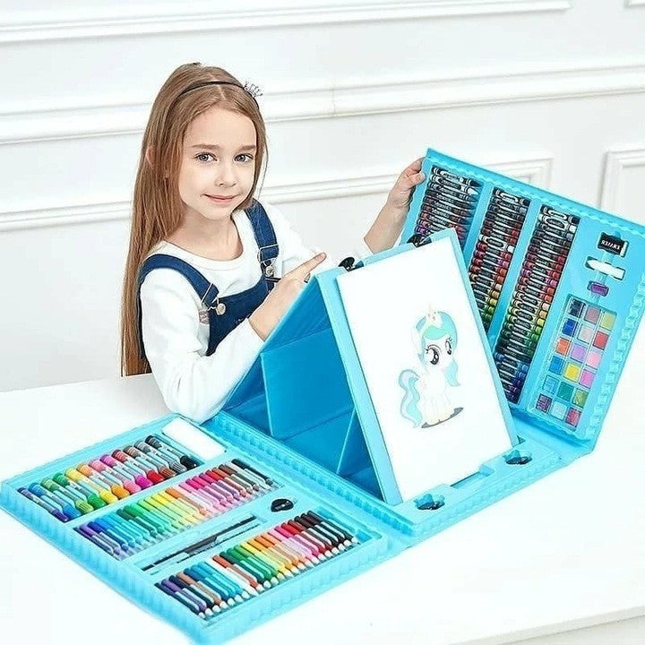 Set Complet Pictură și Desen pentru Copii, Servieta Organizatoare cu Accesorii Artistice, Plastic și Lemn, 208 Piese, 3-12 Ani, Albastru