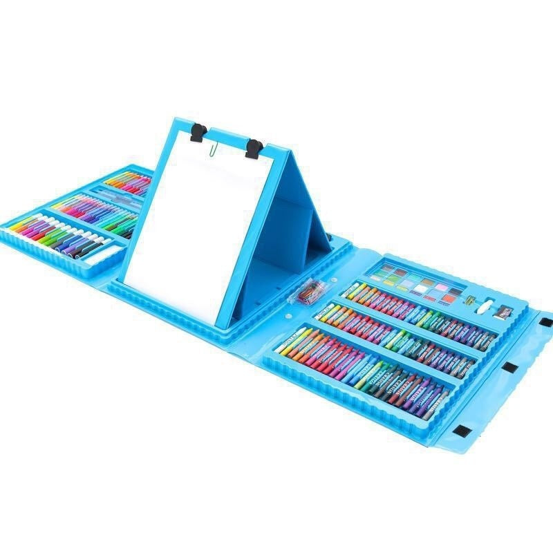 Set Complet Pictură și Desen pentru Copii, Servieta Organizatoare cu Accesorii Artistice, Plastic și Lemn, 208 Piese, 3-12 Ani, Albastru