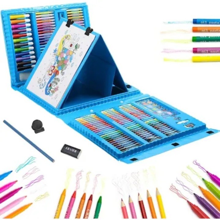 Set Complet Pictură și Desen pentru Copii, Servieta Organizatoare cu Accesorii Artistice, Plastic și Lemn, 208 Piese, 3-12 Ani, Albastru