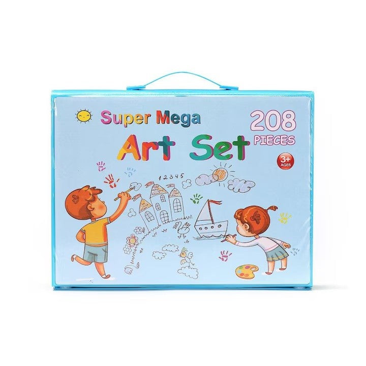 Set Complet Pictură și Desen pentru Copii, Servieta Organizatoare cu Accesorii Artistice, Plastic și Lemn, 208 Piese, 3-12 Ani, Albastru