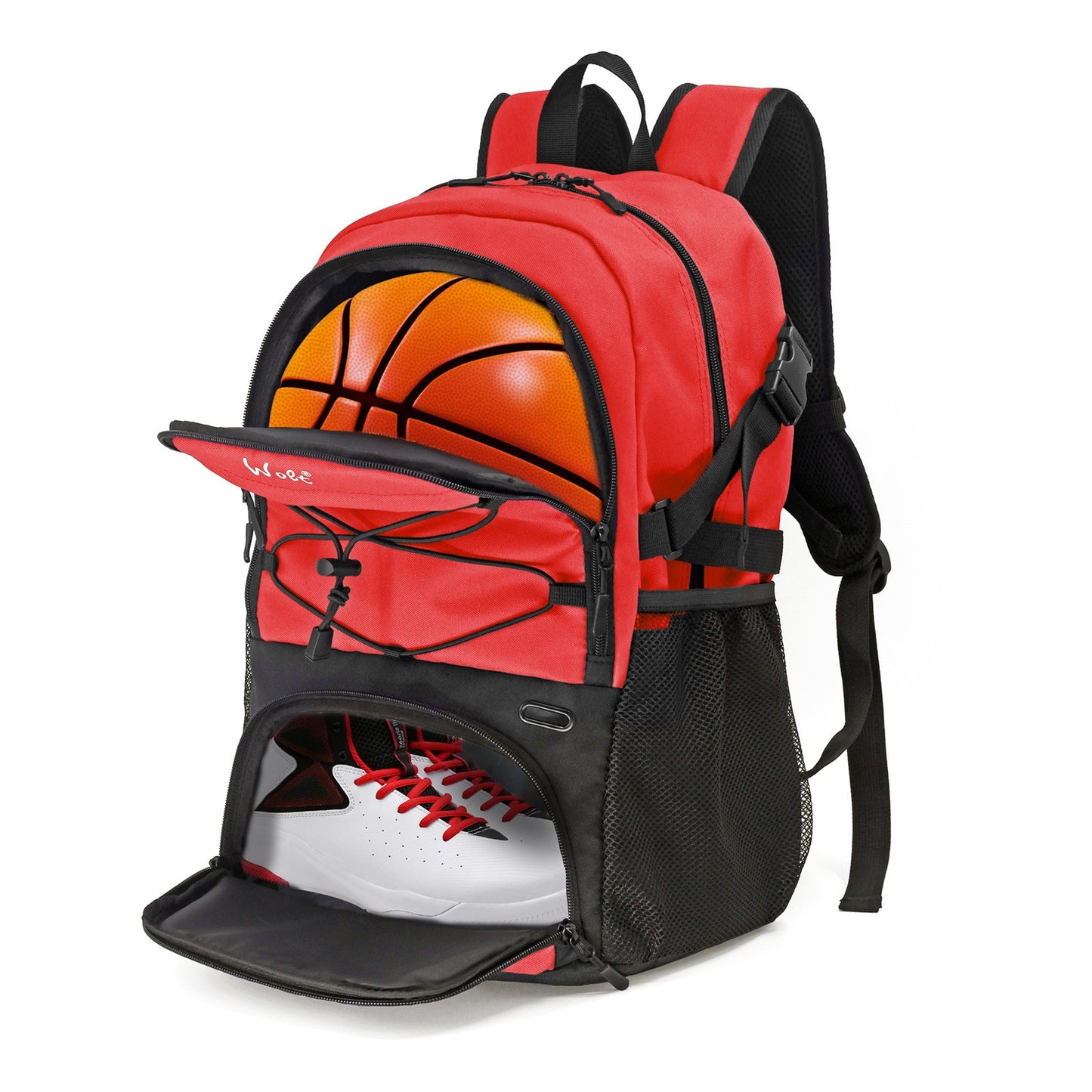 Rucsac Baschet si Sport Multifunctional, Compartiment Minge si Incaltaminte, Spatiu Laptop, Panza Oxford Impermeabila, 32 Litri, 45x32x22 cm, Rosu-Negru
