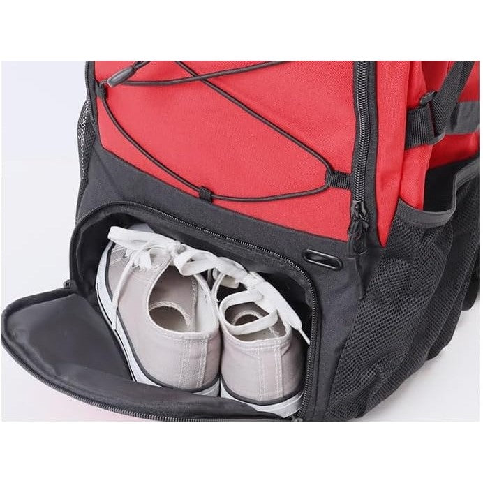 Rucsac Baschet si Sport Multifunctional, Compartiment Minge si Incaltaminte, Spatiu Laptop, Panza Oxford Impermeabila, 32 Litri, 45x32x22 cm, Rosu-Negru
