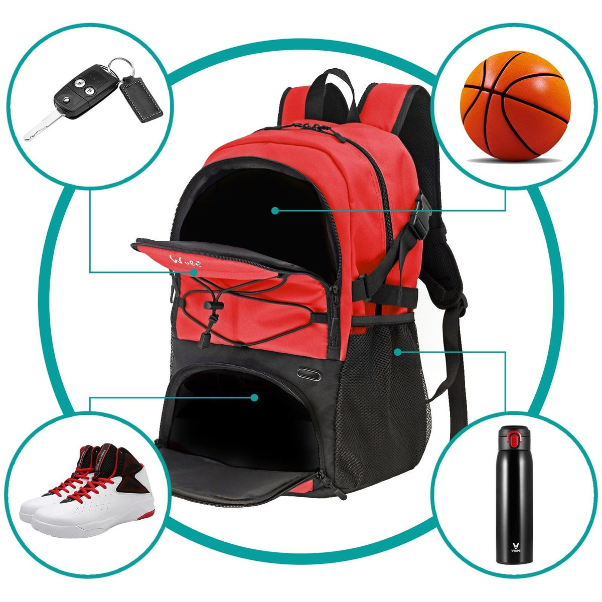 Rucsac Baschet si Sport Multifunctional, Compartiment Minge si Incaltaminte, Spatiu Laptop, Panza Oxford Impermeabila, 32 Litri, 45x32x22 cm, Rosu-Negru