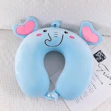 Pernă de Călătorie Ergonomică în Formă de U, Spumă cu Memorie pentru Suport Gât și Cap, Husă Catifea Detașabilă cu Fermoar, Sistem Prindere Capse, 30x30 cm, Model Elefant, Albastru