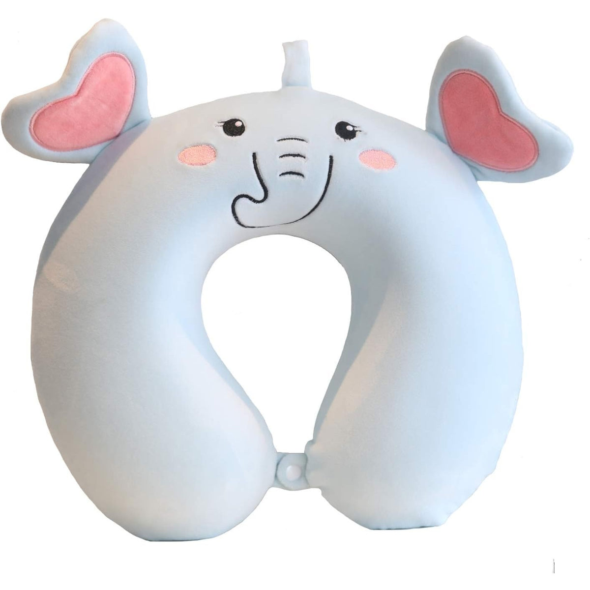 Pernă de Călătorie Ergonomică în Formă de U, Spumă cu Memorie pentru Suport Gât și Cap, Husă Catifea Detașabilă cu Fermoar, Sistem Prindere Capse, 30x30 cm, Model Elefant, Albastru