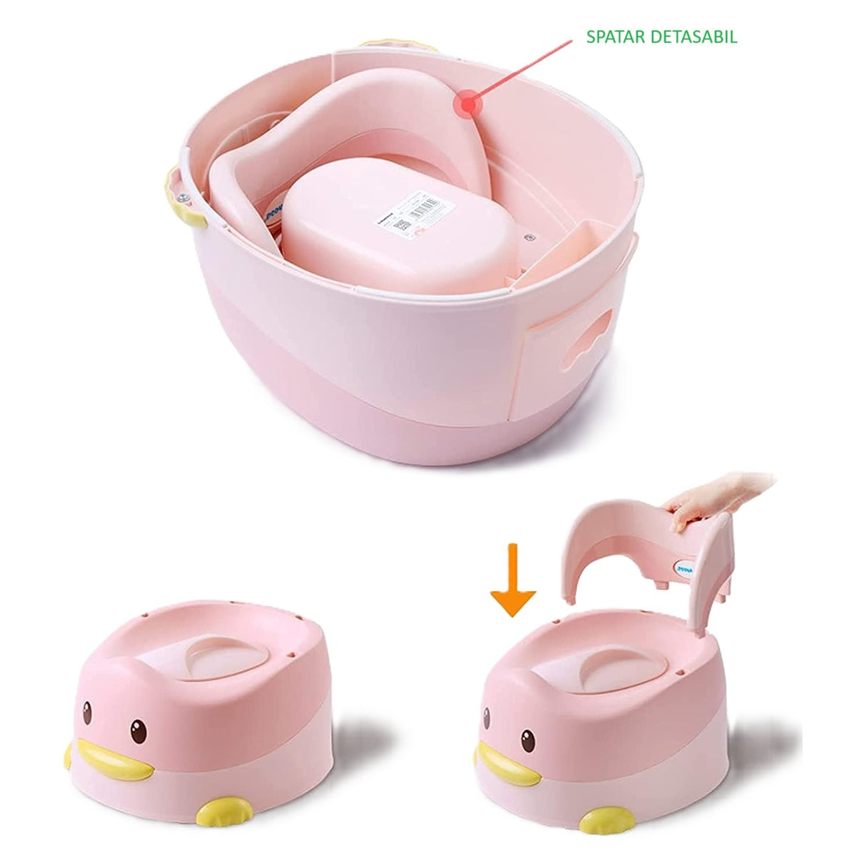 Olita pentru Copii, Model Ratusca cu Colac Moale PU si Spatar Ergonomic, Recipient Detasabil, Baza Antiderapanta, Plastic, 38x32x30 cm, Roz