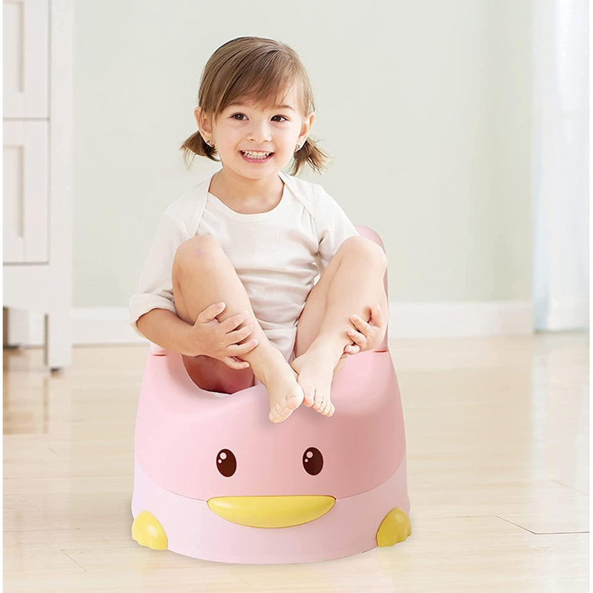 Olita pentru Copii, Model Ratusca cu Colac Moale PU si Spatar Ergonomic, Recipient Detasabil, Baza Antiderapanta, Plastic, 38x32x30 cm, Roz