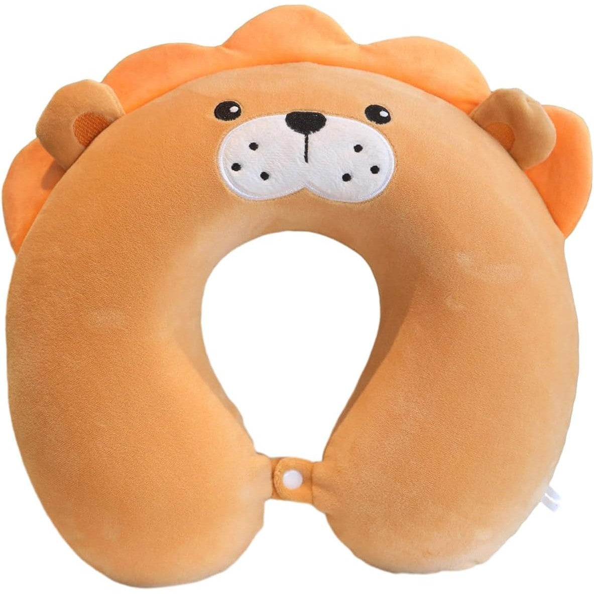 Pernă Călătorie Formă U, Suport Cervical Ergonimic, Spumă cu Memorie și Husă Catifea Detașabilă, Sistem Prindere Capse, 30x30 cm, Model Leu, Maro