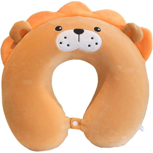 Pernă Călătorie Formă U, Suport Cervical Ergonimic, Spumă cu Memorie și Husă Catifea Detașabilă, Sistem Prindere Capse, 30x30 cm, Model Leu, Maro