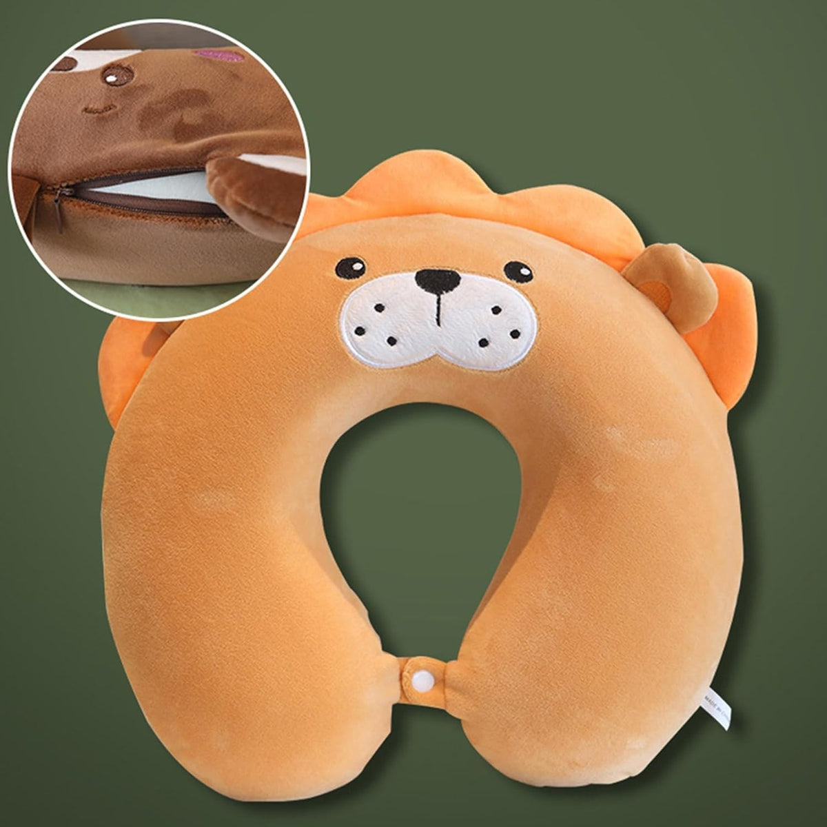 Pernă Călătorie Formă U, Suport Cervical Ergonimic, Spumă cu Memorie și Husă Catifea Detașabilă, Sistem Prindere Capse, 30x30 cm, Model Leu, Maro