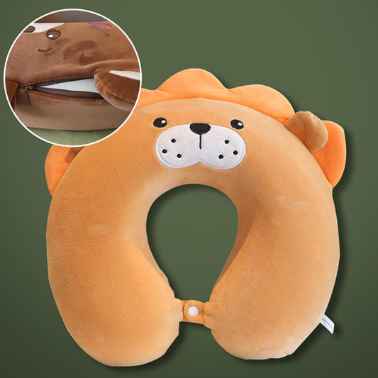 Pernă Călătorie Formă U, Suport Cervical Ergonimic, Spumă cu Memorie și Husă Catifea Detașabilă, Sistem Prindere Capse, 30x30 cm, Model Leu, Maro