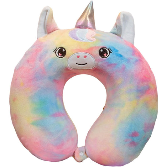Pernă de Călătorie Ergonomică în Formă de U, Spumă cu Memorie pentru Susținere Gât și Cap, Husă Catifea Detașabilă, Sistem Prindere Capse, Model Unicorn, 30x30 cm, Multicolor